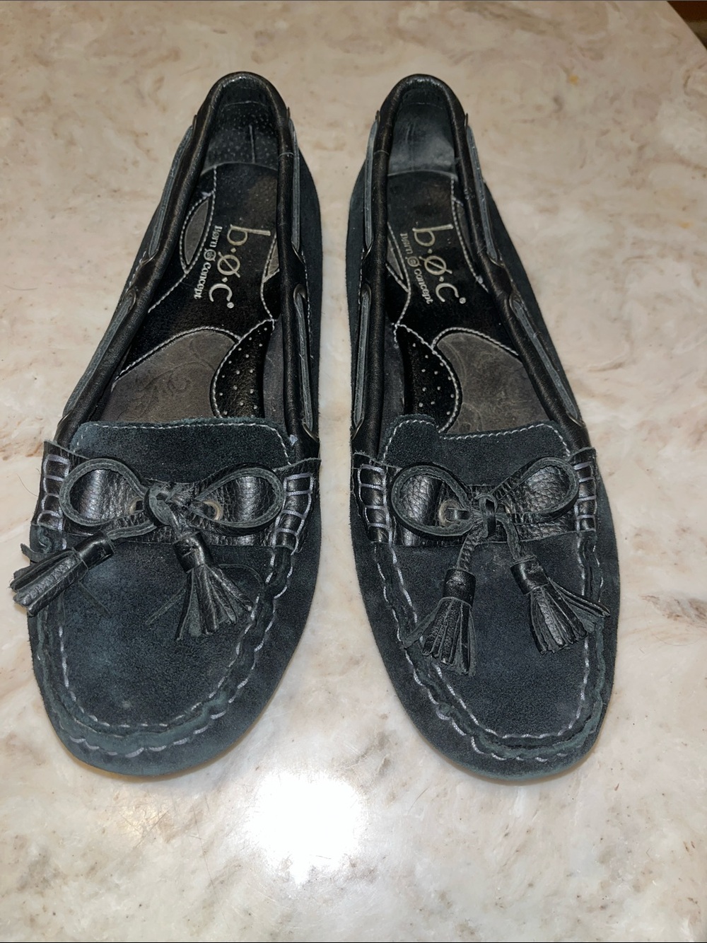 b.o.c. Black Suede Tassel Moccasin Flats with Contrast Stitching
